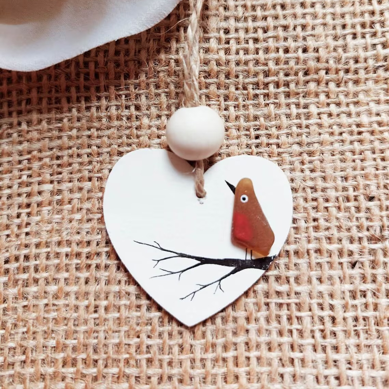 Sea Glass Robin Heart Decoration
