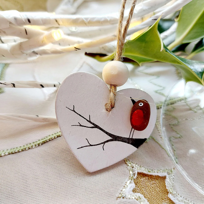 Sea Glass Robin Heart Decoration