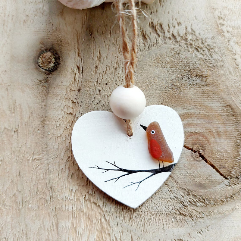 Sea Glass Robin Heart Decoration
