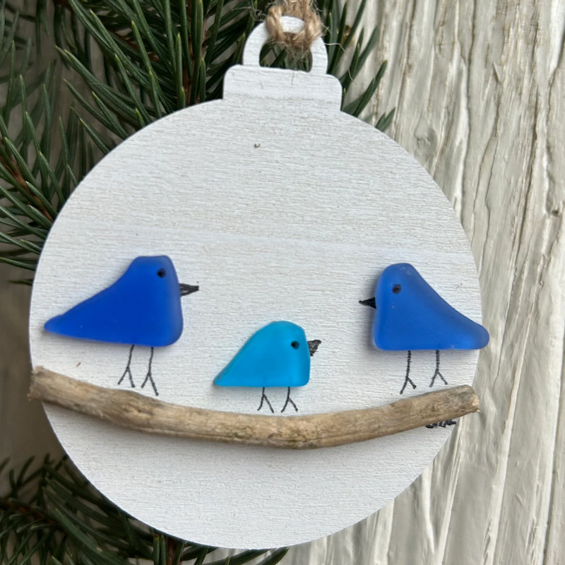 Handmade Family of Sea Glass Birds Christmas Ornament