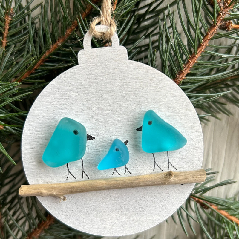 Handmade Family of Sea Glass Birds Christmas Ornament
