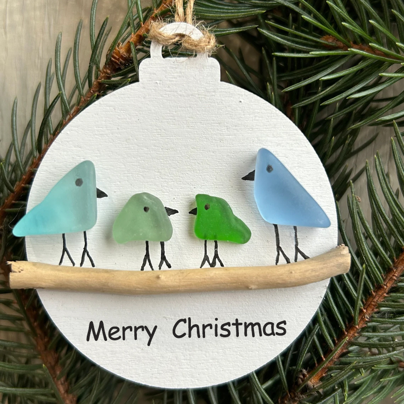 Handmade Family of Sea Glass Birds Christmas Ornament