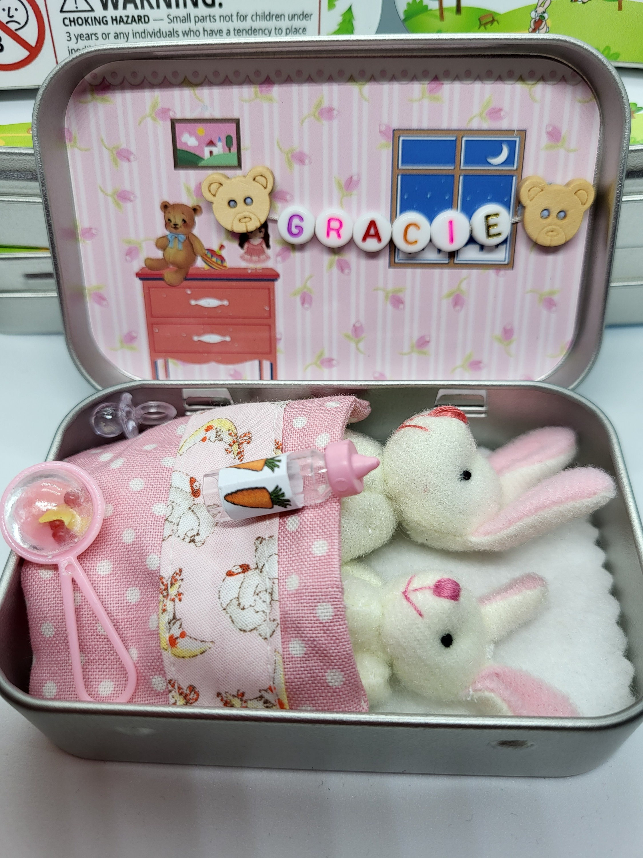 Custom Bunny mummy tiny plush pocket tin