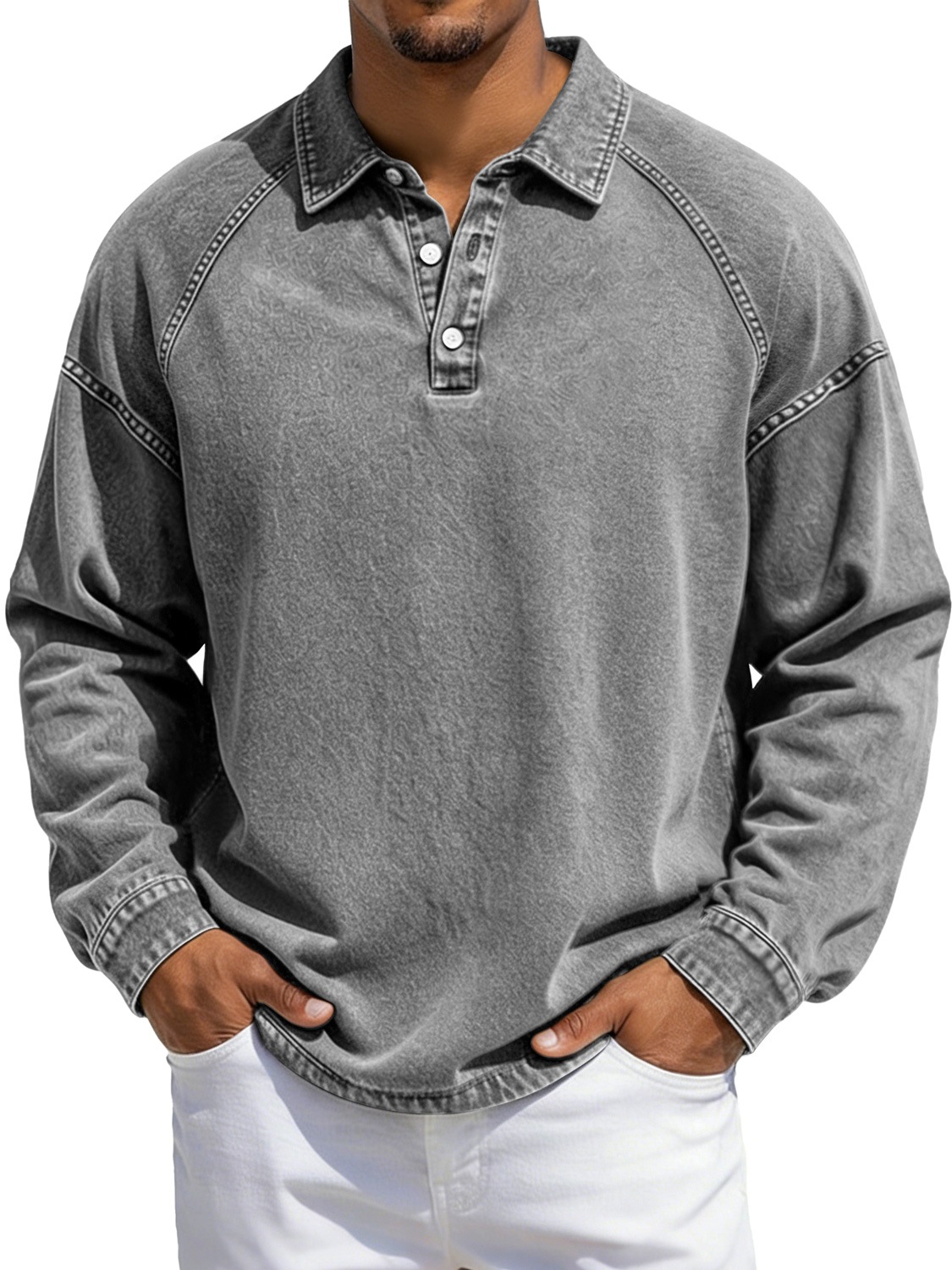 Herren Vintage-Stil Revers Knopf-auf Raglan Ärmel Freizeit Langarm Polo-Shirt