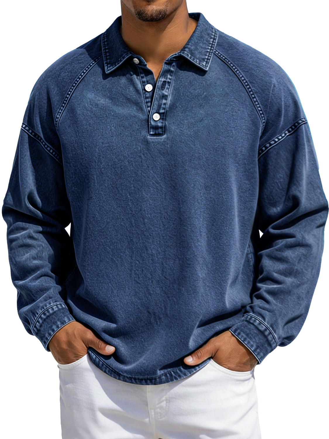 Herren Vintage-Stil Revers Knopf-auf Raglan Ärmel Freizeit Langarm Polo-Shirt