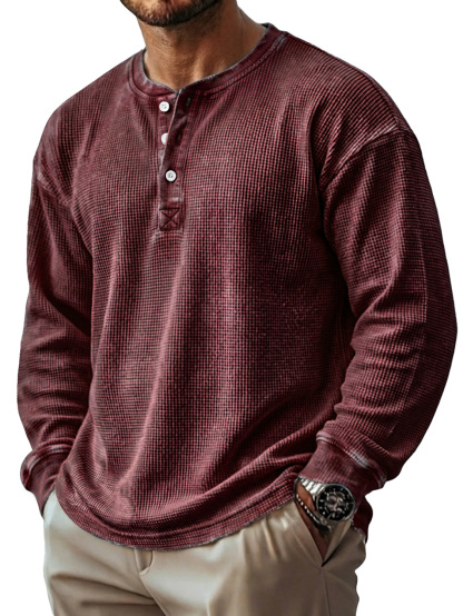Herren Vintage Waffelstrick Langarm-Henley-Shirt