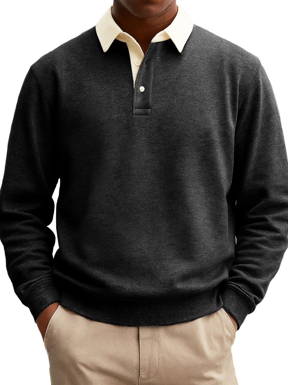 Men's Stylish Casual Everyday Cotton Long-sleeved Lapel Sweatshirt Polo Shirt With A Patchwork Collar