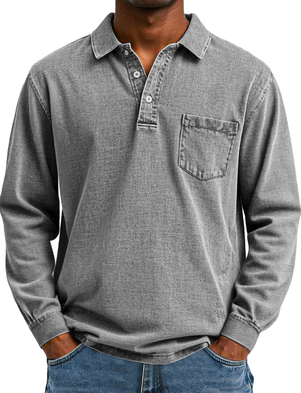 Men's Retro Solid Color Pocket Lapel Long Sleeve Polo Shirt