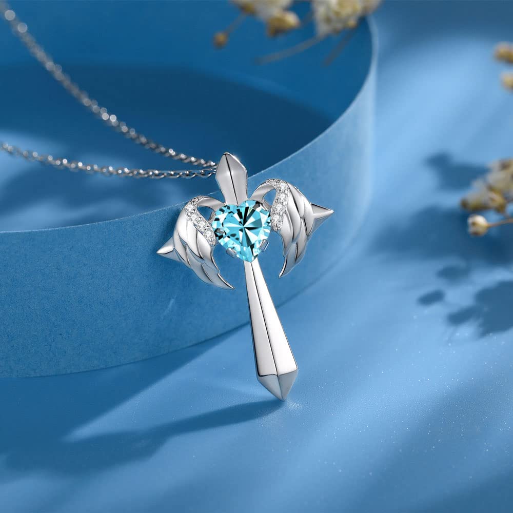 Birthstone Angel Wings Cross Necklace-TAANAA JEWELRY