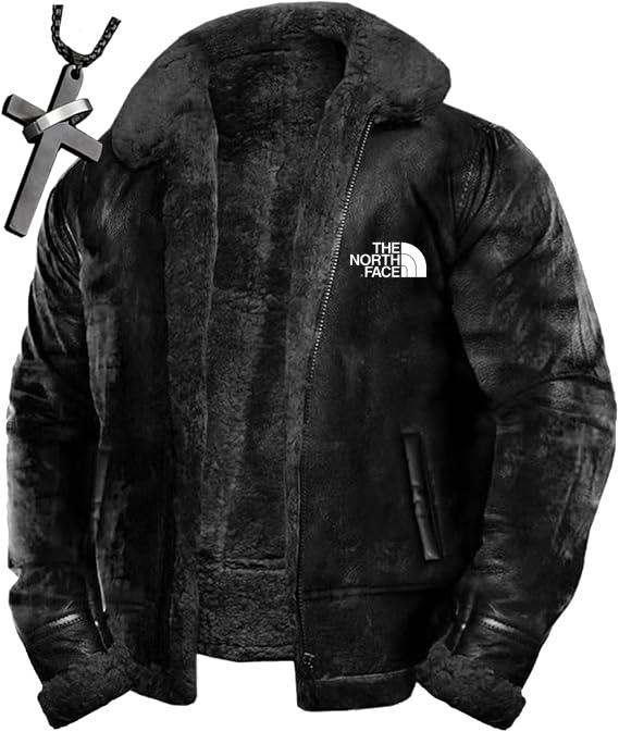 2024 THE NORttgTH FACEWool bomber jacket Leather sherpa lined jacket Heavy suede warm winter motorcycle jacket + (necklace)