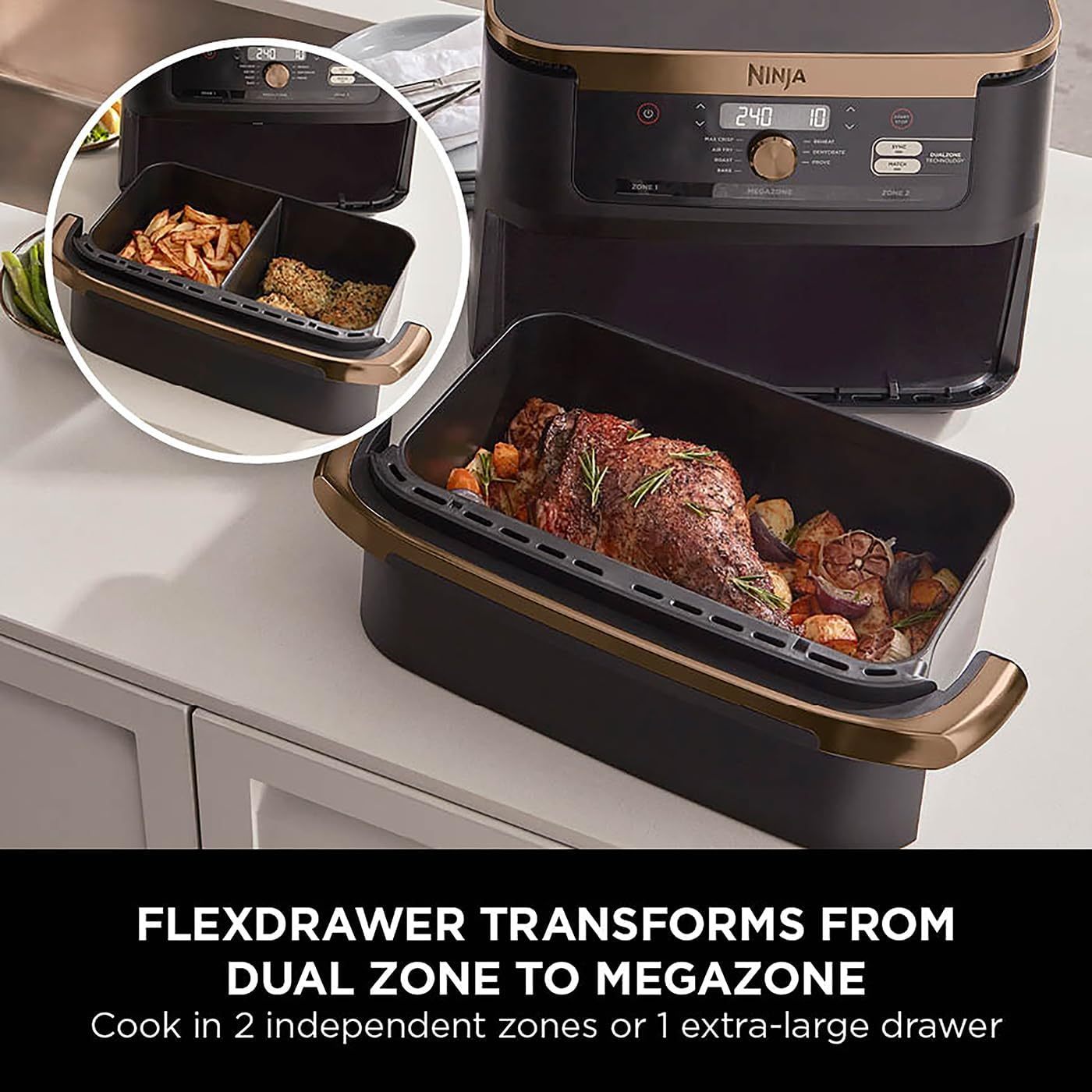 Ninja Foodi MAX Dual Zone Air Fryer, Amazon Exclusive, Tongs, 2 Drawers, 9.5L, 6-in-1, Use No Oil, Air Fry, Max Crisp, Roast, Bake, 8 Portions, Nonstick Dishwasher Safe Baskets, Copper/Black AF400UKCP