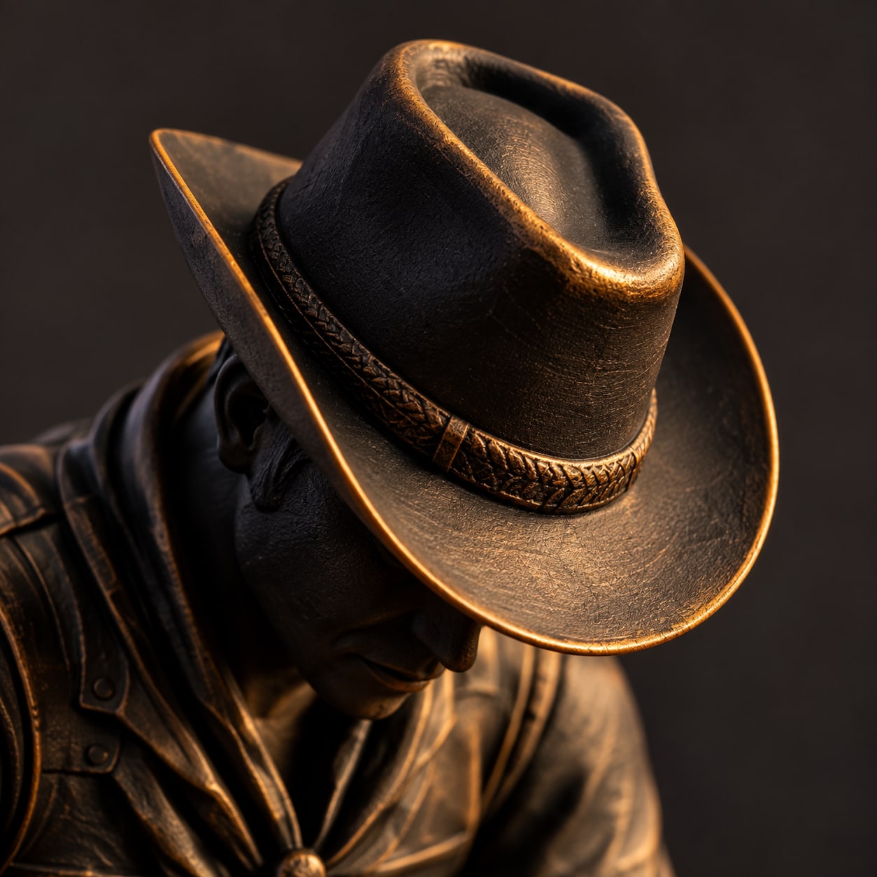 Close-up of the wide-brim hat and antique bronze edges
