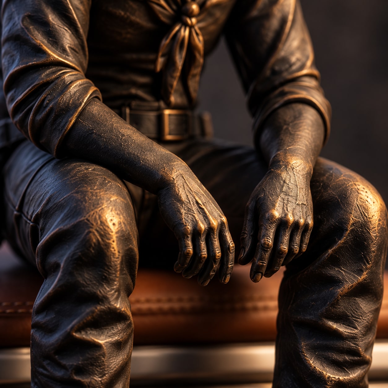 Sculpted hands resting between the knees