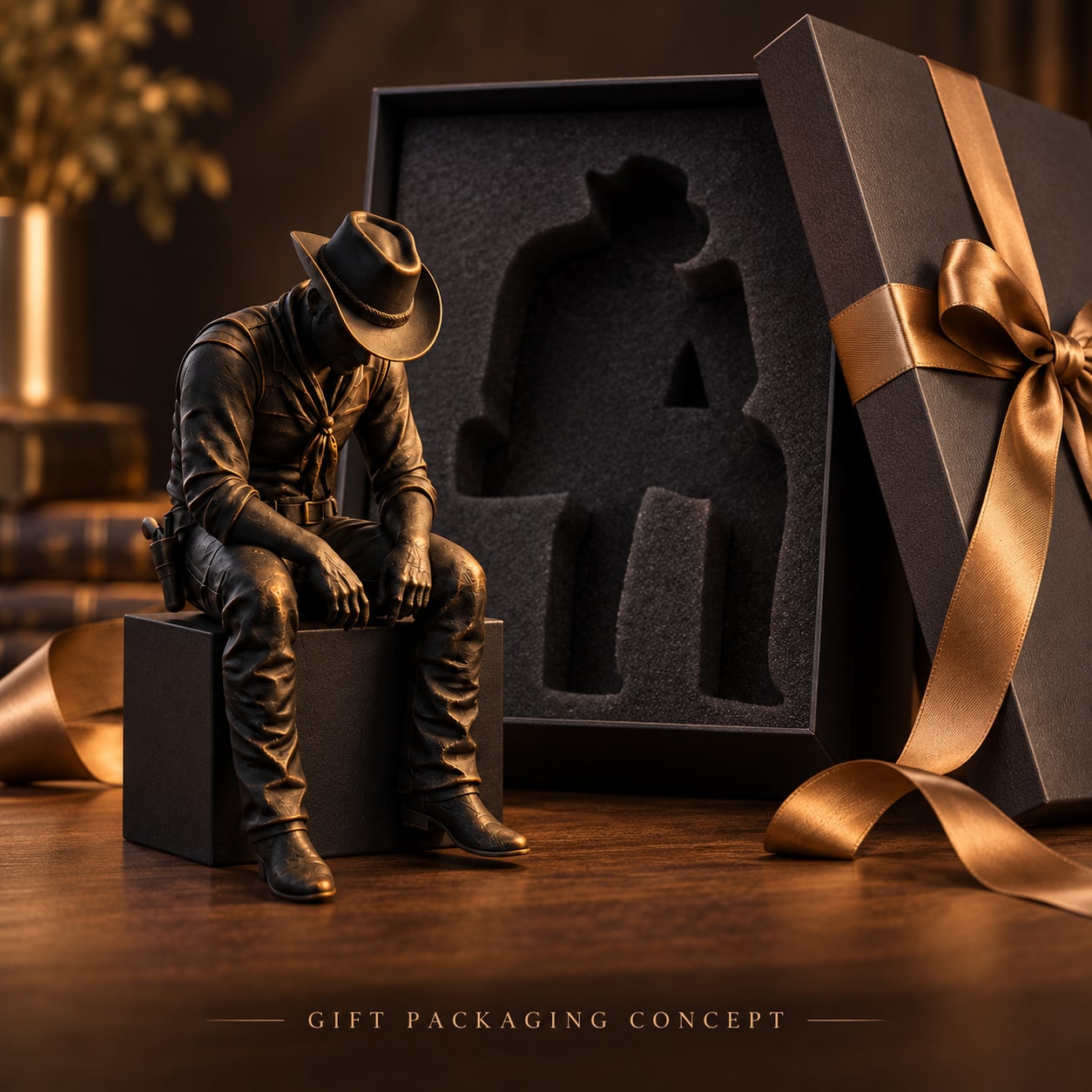 Illustrative gift packaging concept with a dark box and bronze ribbon