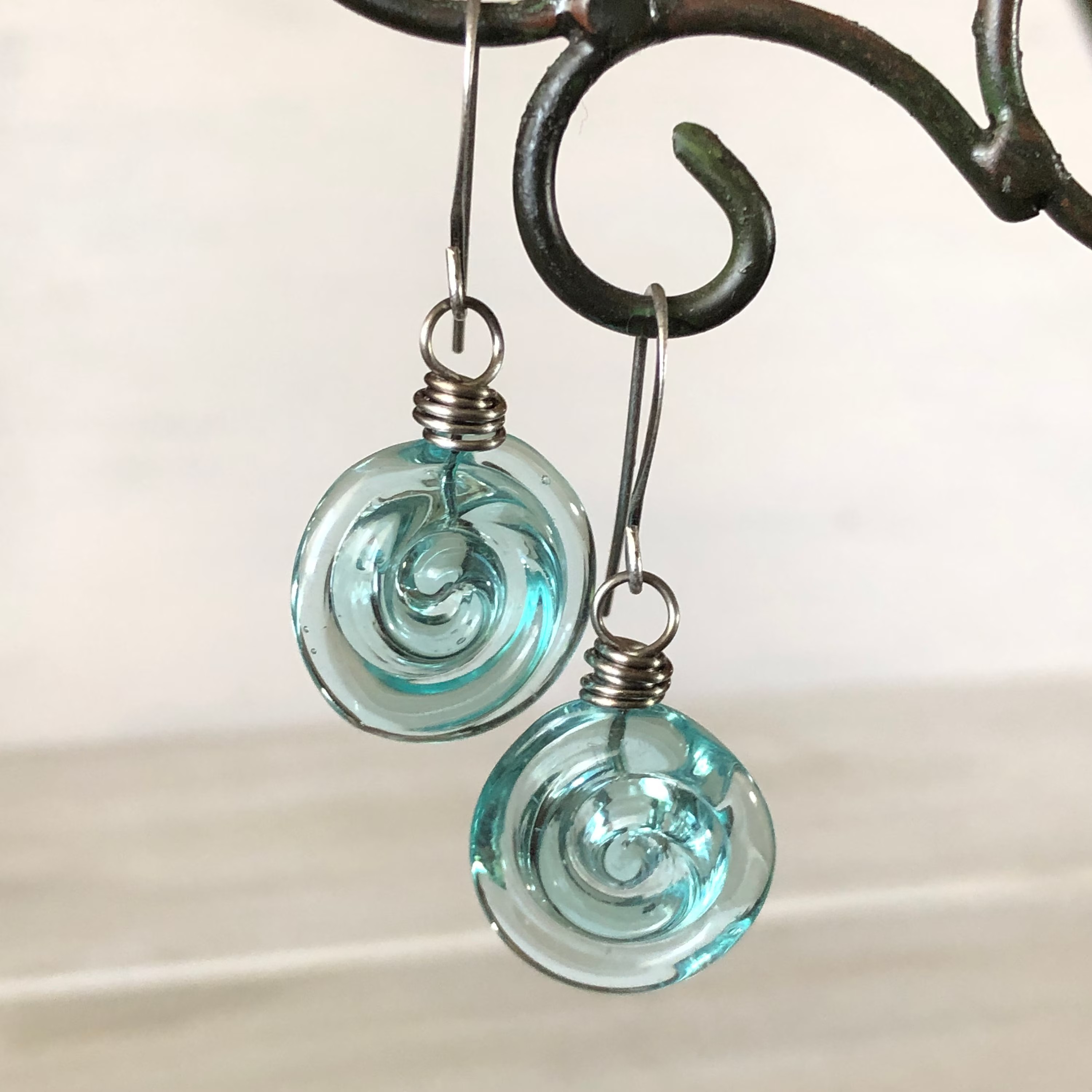 Recycled Glass Spiral Earrings: Upcycled Mason Jar Dangles