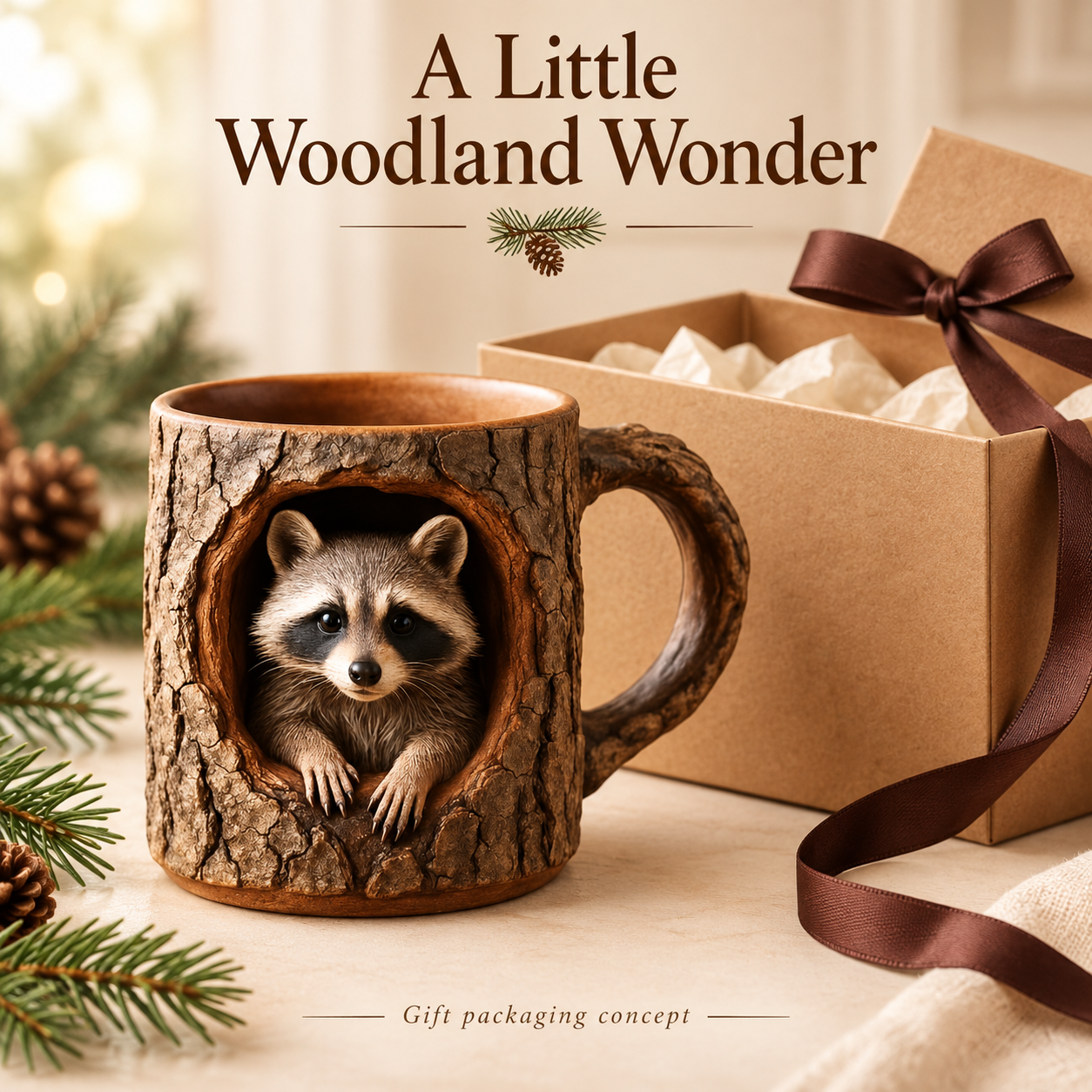 Close-up views of the raccoon design, bark texture, branch-shaped handle, rim and interior