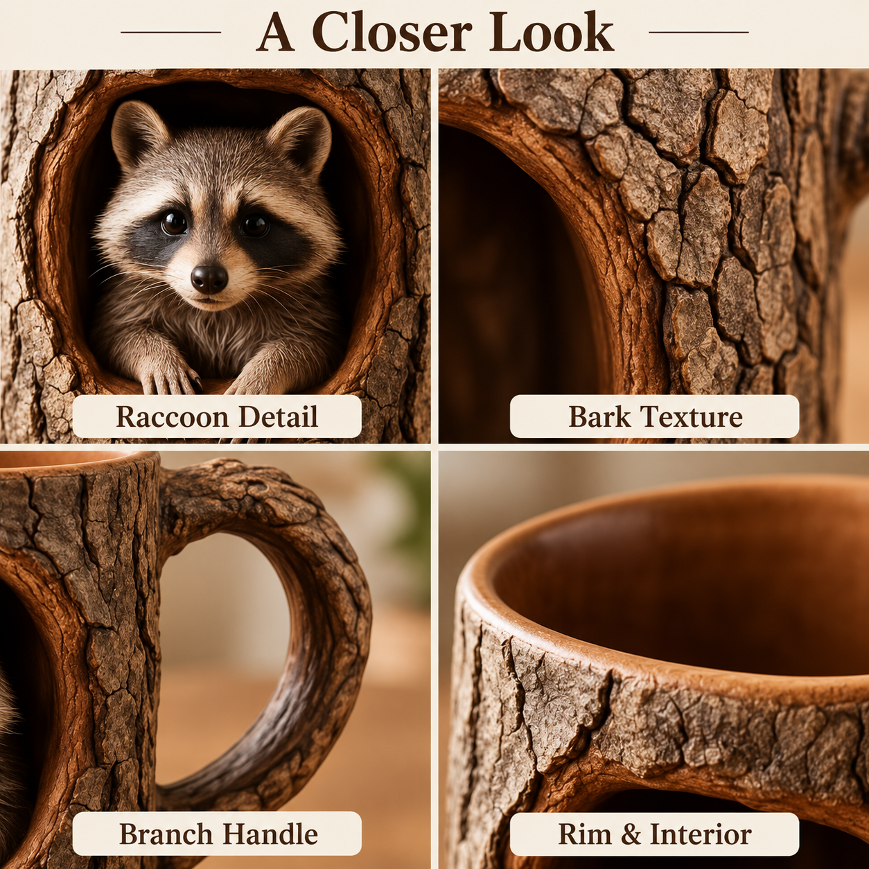 Raccoon tree-hollow mug with bark-inspired detailing and a branch-shaped handle