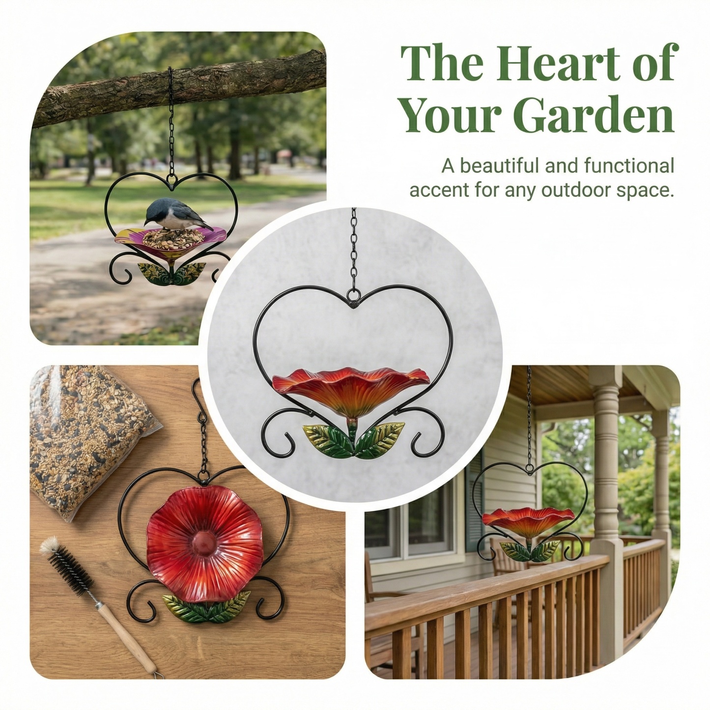 Heart-Shaped Wrought Iron Flower Bird Feeder