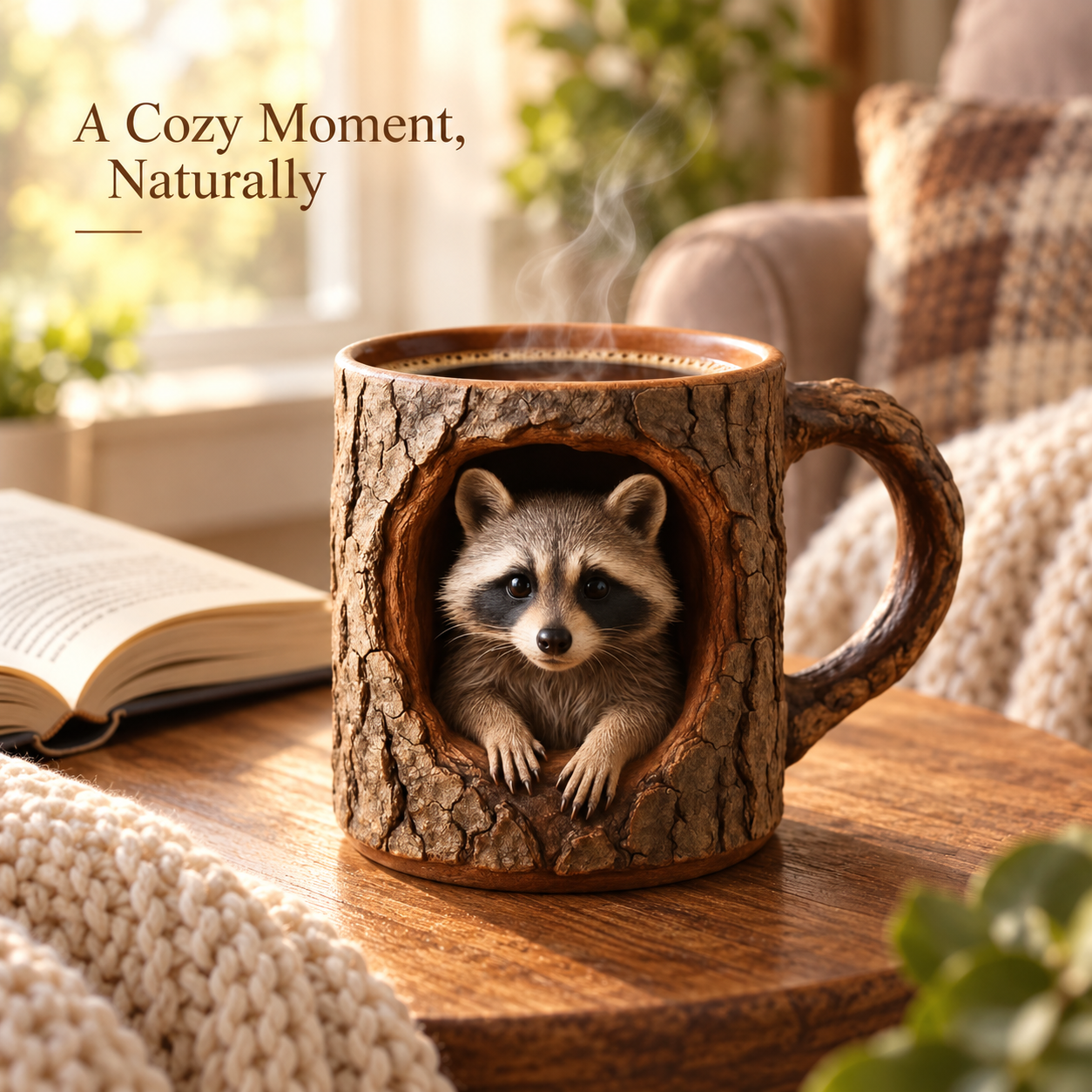 Raccoon mug held in two hands against a cream knit sweater