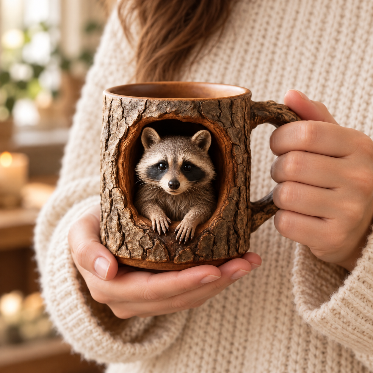 Woodland-inspired mug styled beside an open book in a sunny reading nook