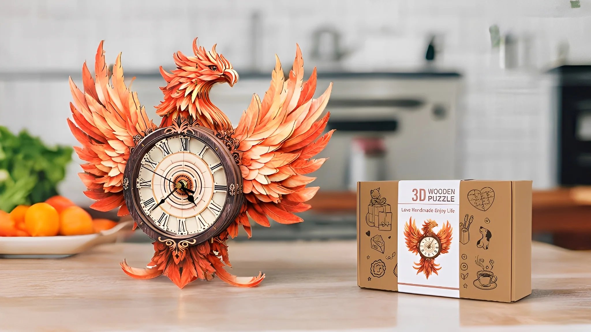 Fire Phoenix 3D Wooden Puzzle Clock, DIY Craft Kit image