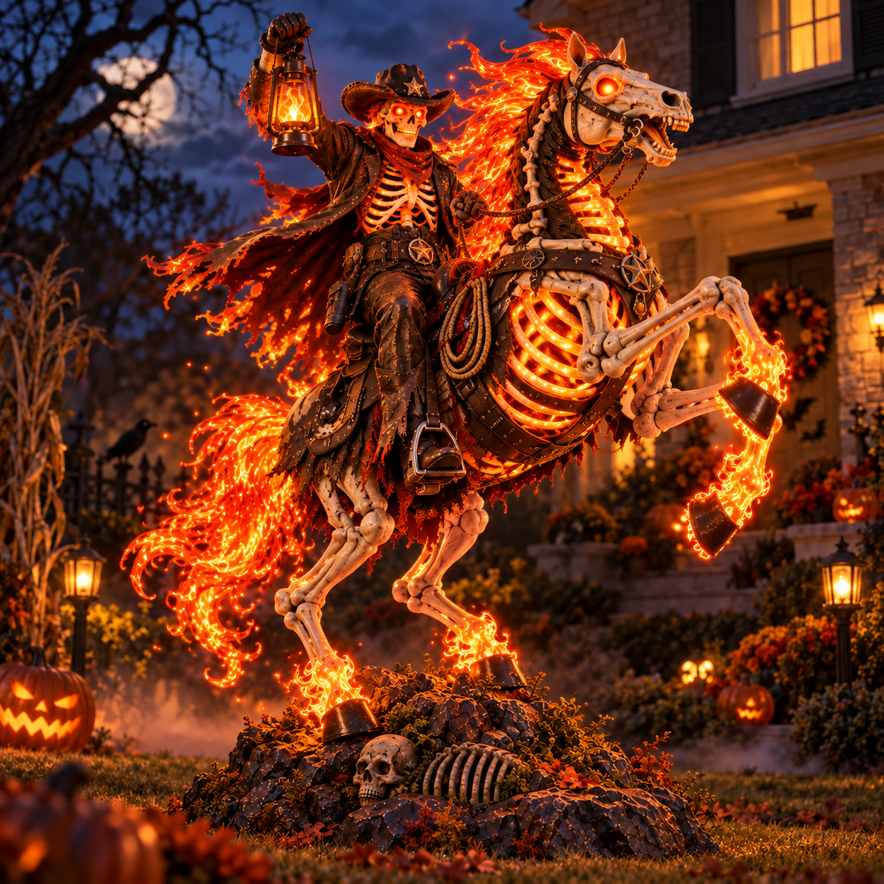 Skeleton cowboy holding a lantern on a rearing skeletal horse, shown in a Halloween night scene