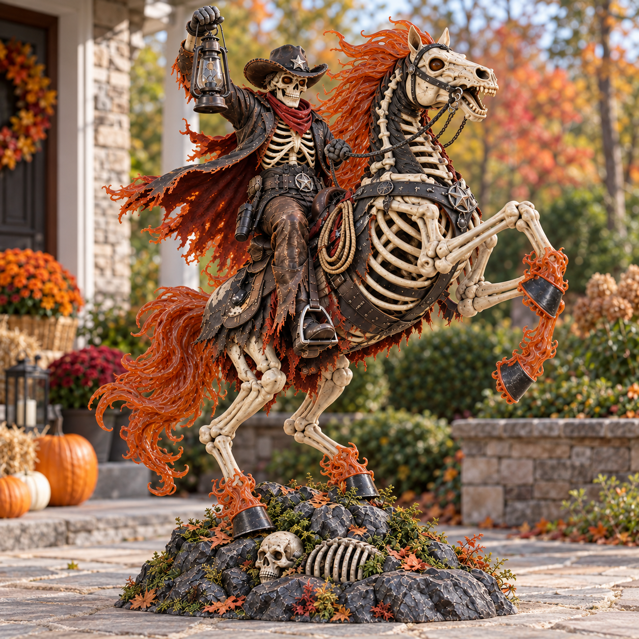 Daytime styling view showing the bone-colored horse, orange flame-shaped accents and western rider