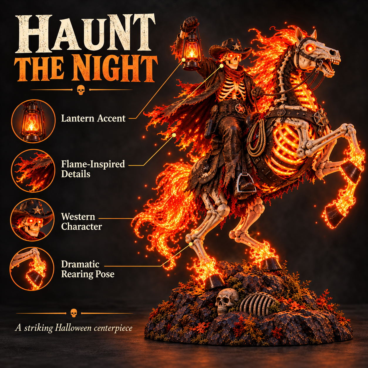 Western character, lantern accent, flame-inspired details and dramatic rearing pose