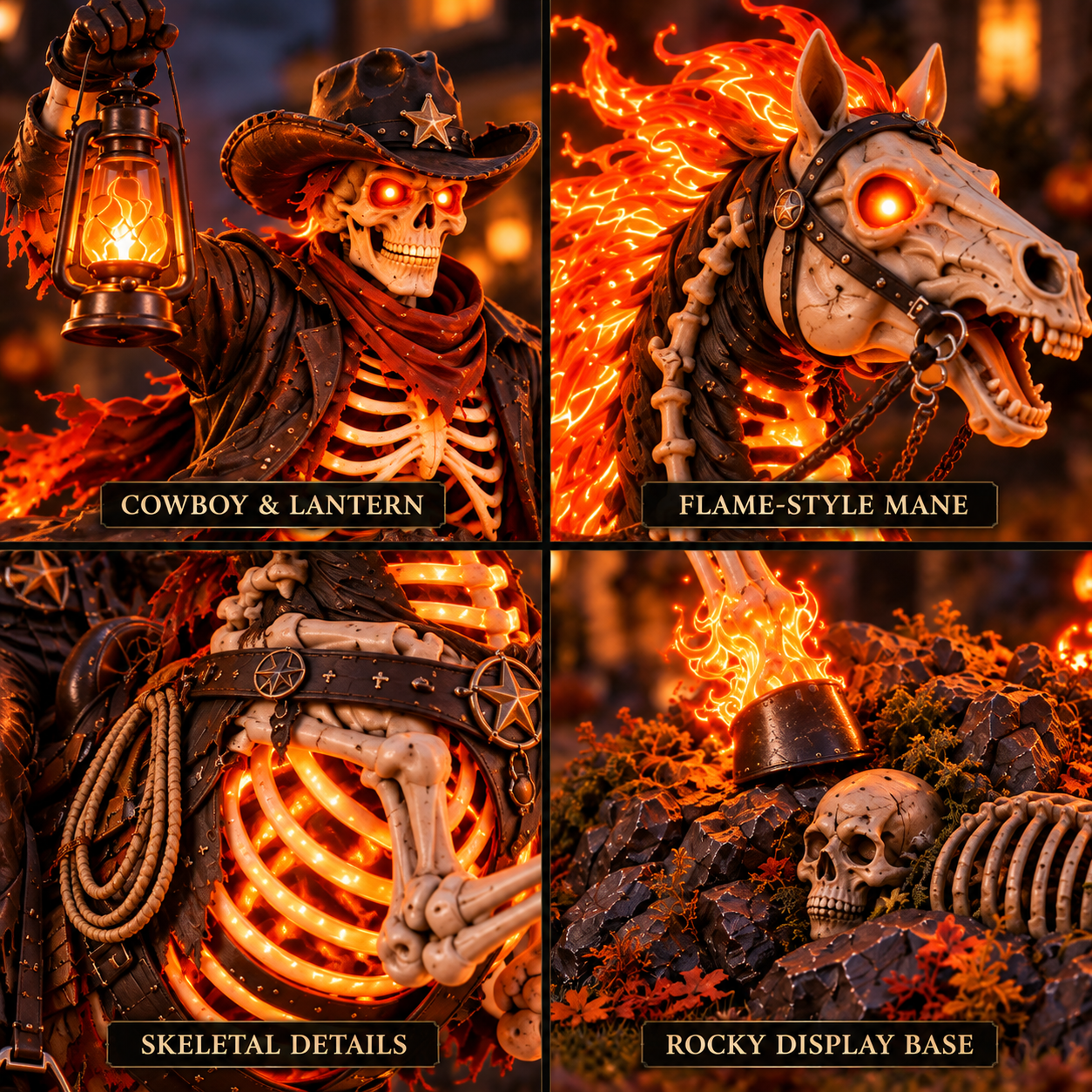 Close-up views of the cowboy, lantern, flame-style mane, skeletal details and rocky display base
