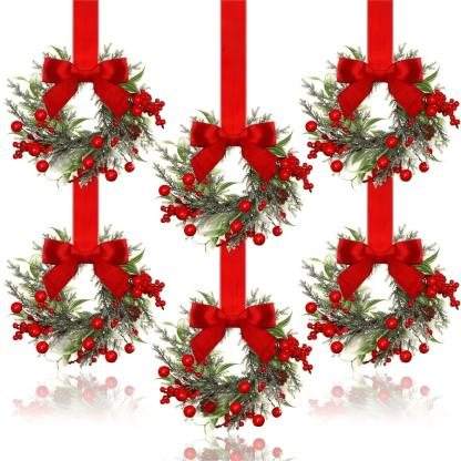 Christmas Mini Window Wreaths with Ribbon Bows & Red Berries