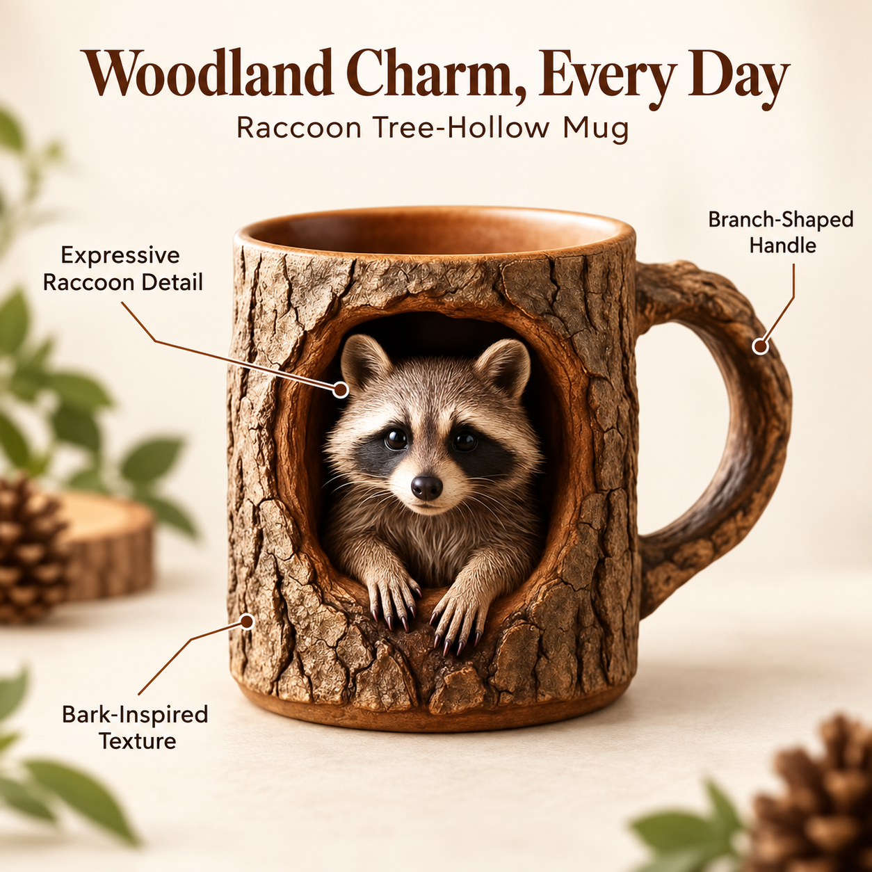 Raccoon mug beside a ribbon-tied box, shown as a gift packaging concept