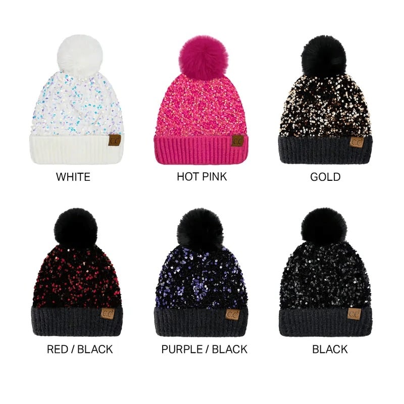 🔥Last Day 50% OFF - Sequin Fur Pom Beanie for Women