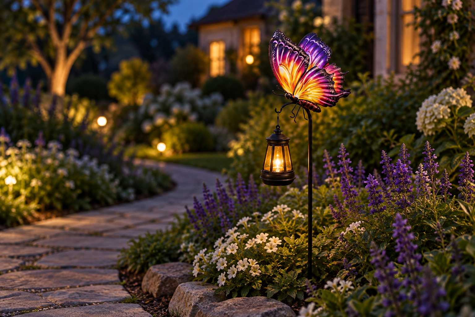 Colorful butterfly solar lantern planted beside a cottage garden path at dusk