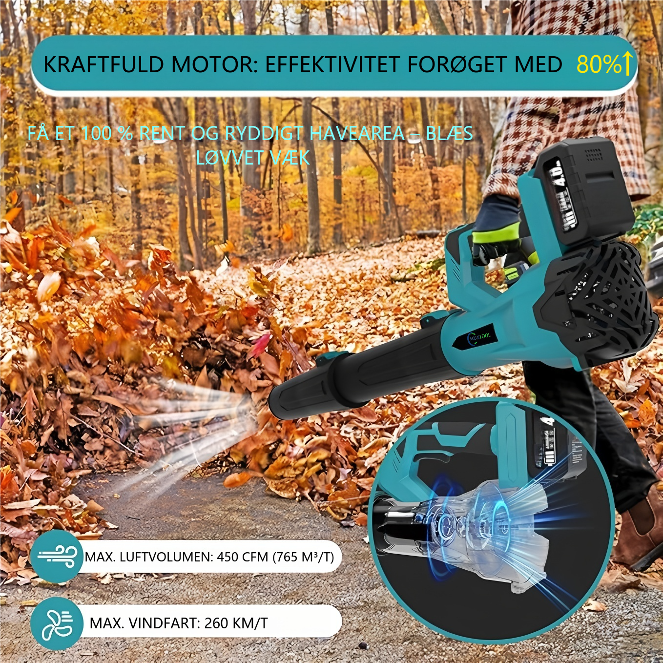 21V trådløs 6-trins løvblæser: Til hurtig og effektiv rengøring af have & terrasse – med 2 batterier