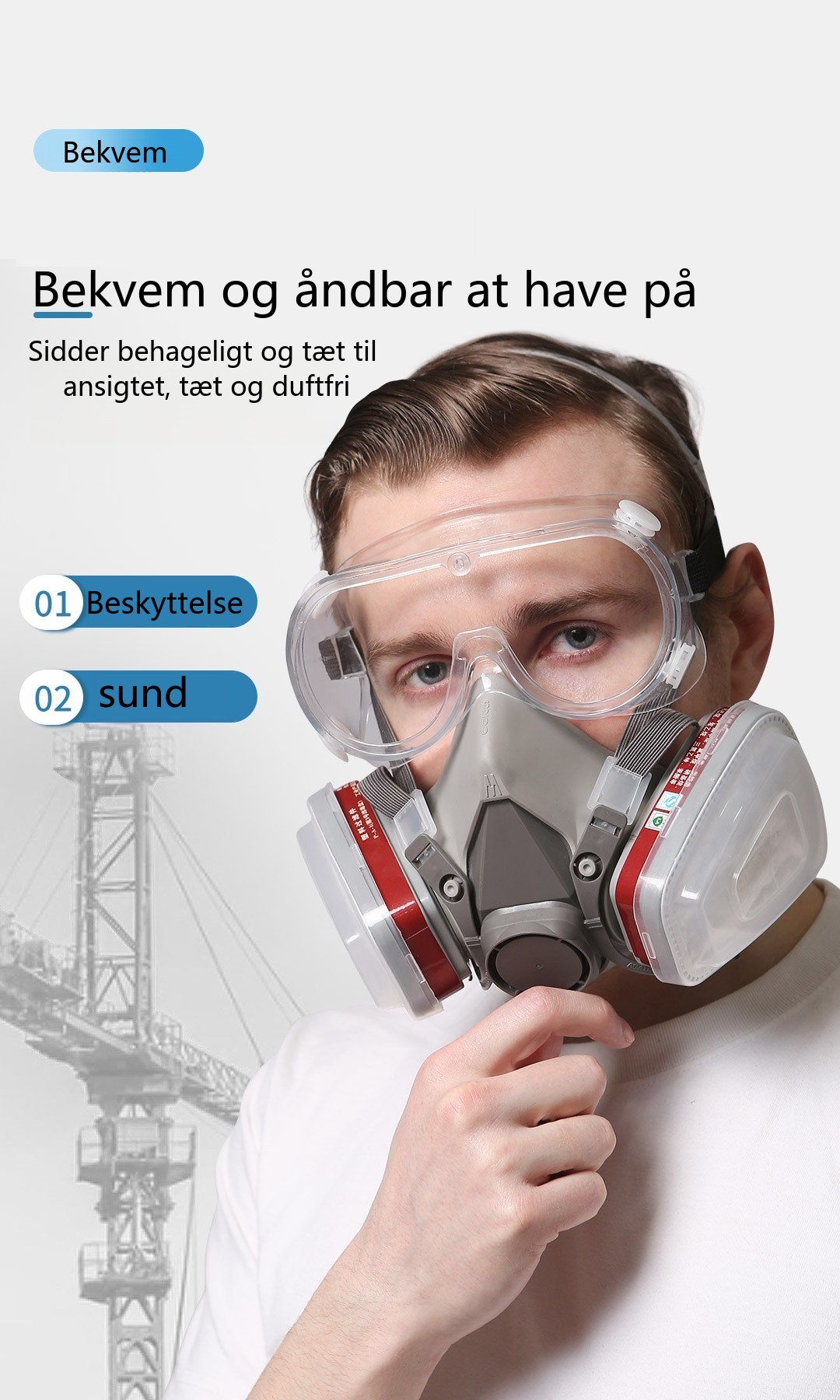 Genanvendelig halvmaske med beskyttelsesbriller - beskyttelse mod dampe, kemikalier og støv til maling, svejsning og træbearbejdning