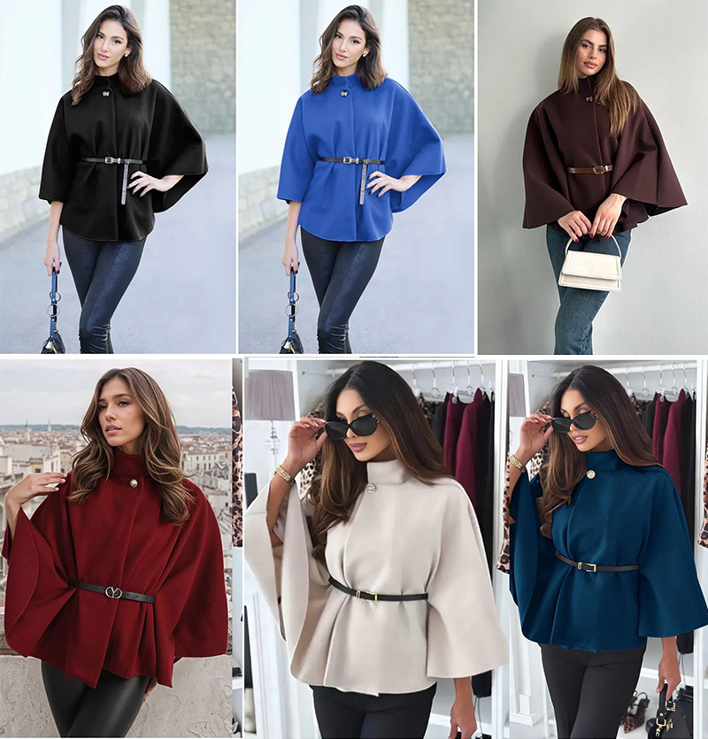 Women's Winter Fashion Casual Solid Color Waist Strap Cloak Jacket