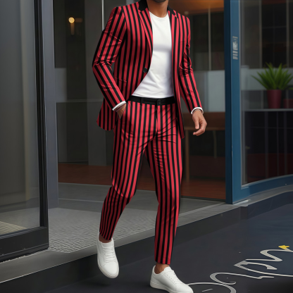 Men's Striped Contrast Trim Blazer & Trousers Set