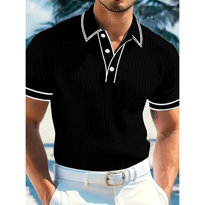 Men's Vintage Striped Knit Breathable Lapel Polo Shirt