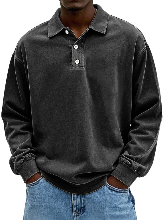 Men's Fashion Retro Washed Distressed Cotton Lapel Long Sleeve Polo Sh