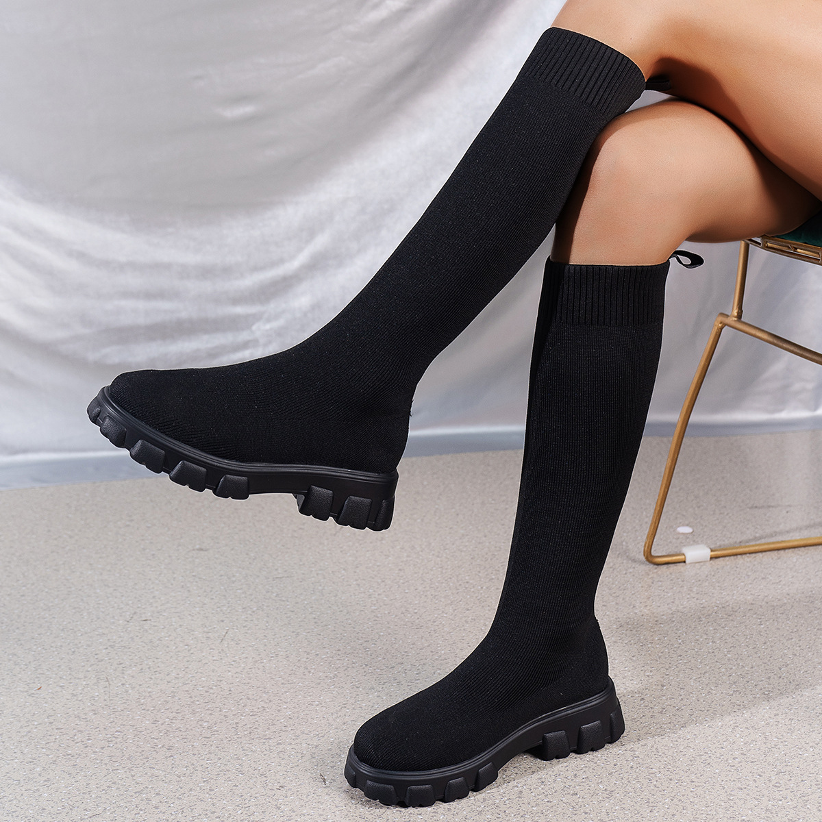 Women’s Knit Mid-Calf Sock Boots – Chunky Heel Martin Boots