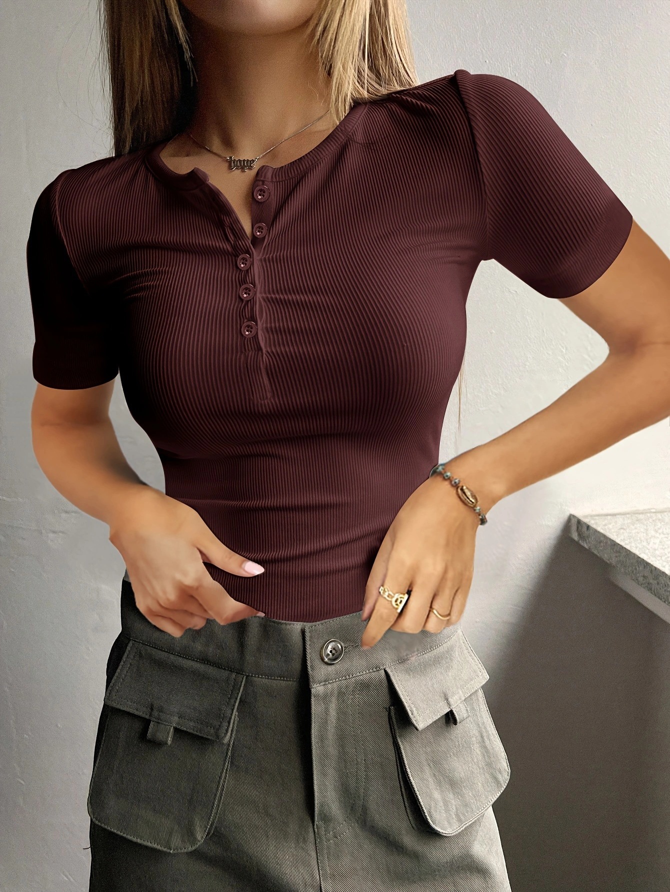 Women's Ribbed Slim Fit Henley Top