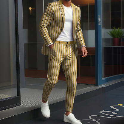 Men's Striped Contrast Trim Blazer & Trousers Set