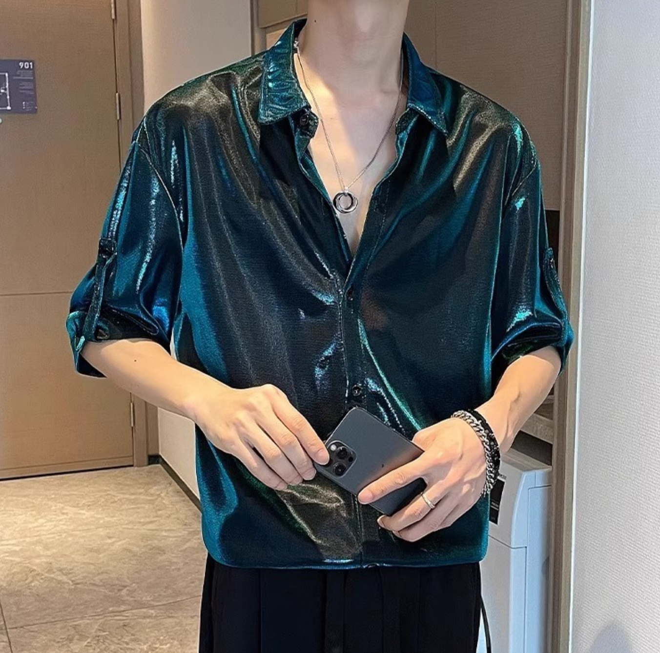 High-End Real Silk Color-Changing Men's Short Sleeve Shirt