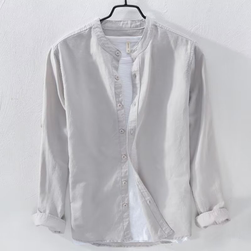 High-End Natural Linen Stand-Up Collar Shirt