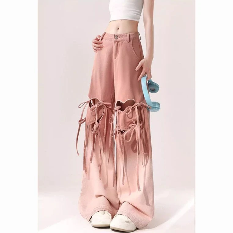 Gradient Heart Tie-Up Ripped Wide-Leg Jeans