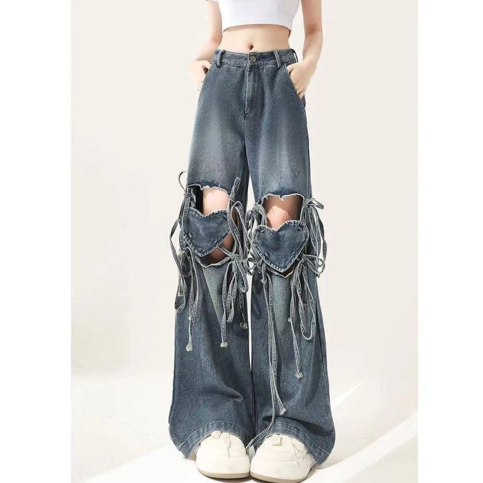Gradient Heart Tie-Up Ripped Wide-Leg Jeans
