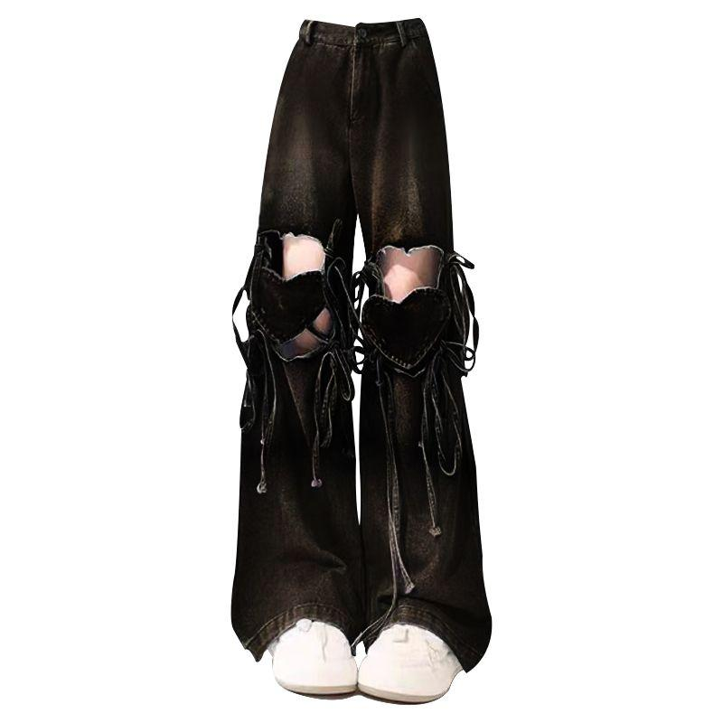 Gradient Heart Tie-Up Ripped Wide-Leg Jeans