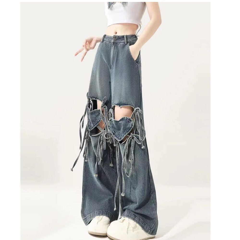 Gradient Heart Tie-Up Ripped Wide-Leg Jeans