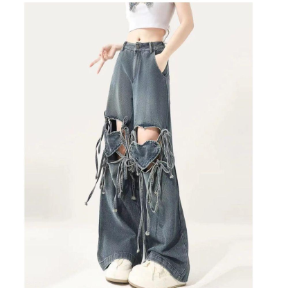 Gradient Heart Tie-Up Ripped Wide-Leg Jeans