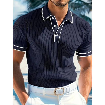 Men's Vintage Striped Knit Breathable Lapel Polo Shirt